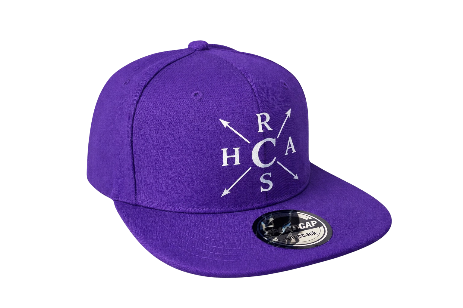 Purple cap with white logo on a white background