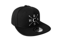 Black cap with white logo on a white background