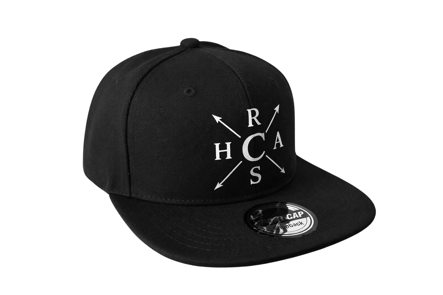 Black cap with white logo on a white background